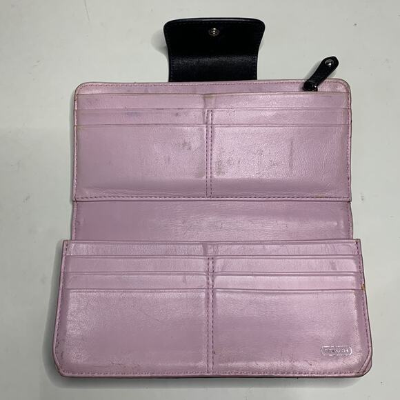 Coach Signature C Snap Close Long Black Ivory Logo Wallet with Lilac Interior - Picture 3 of 7